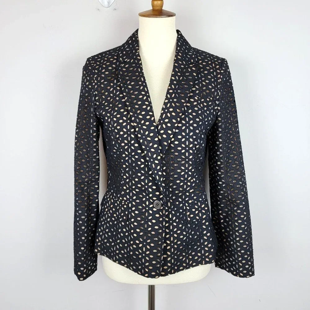 Michael Kors Made In Italy Black Caramel Cotton Silk Embroidered Cutout Blazer 6
